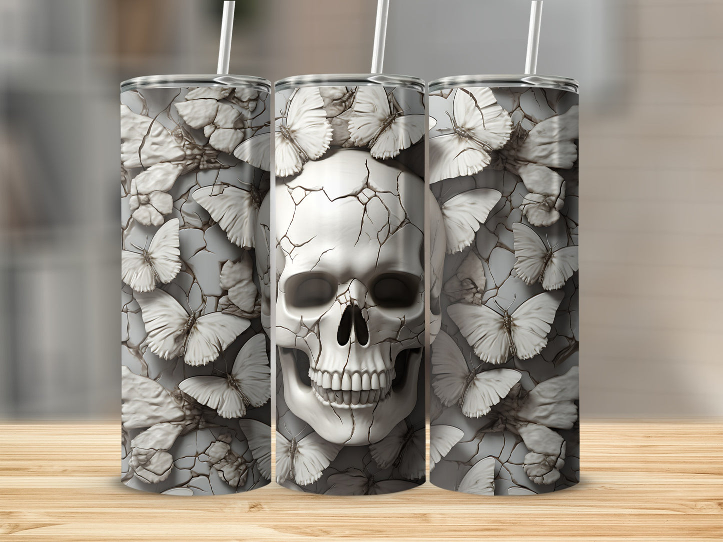 Cracked skull surrounded by white butterflies on a cylindrical tumbler.