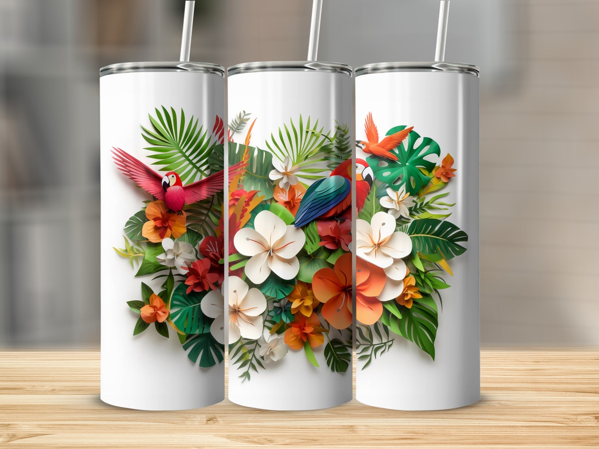 Tropical Floral and Parrot Art Design Tumbler Product