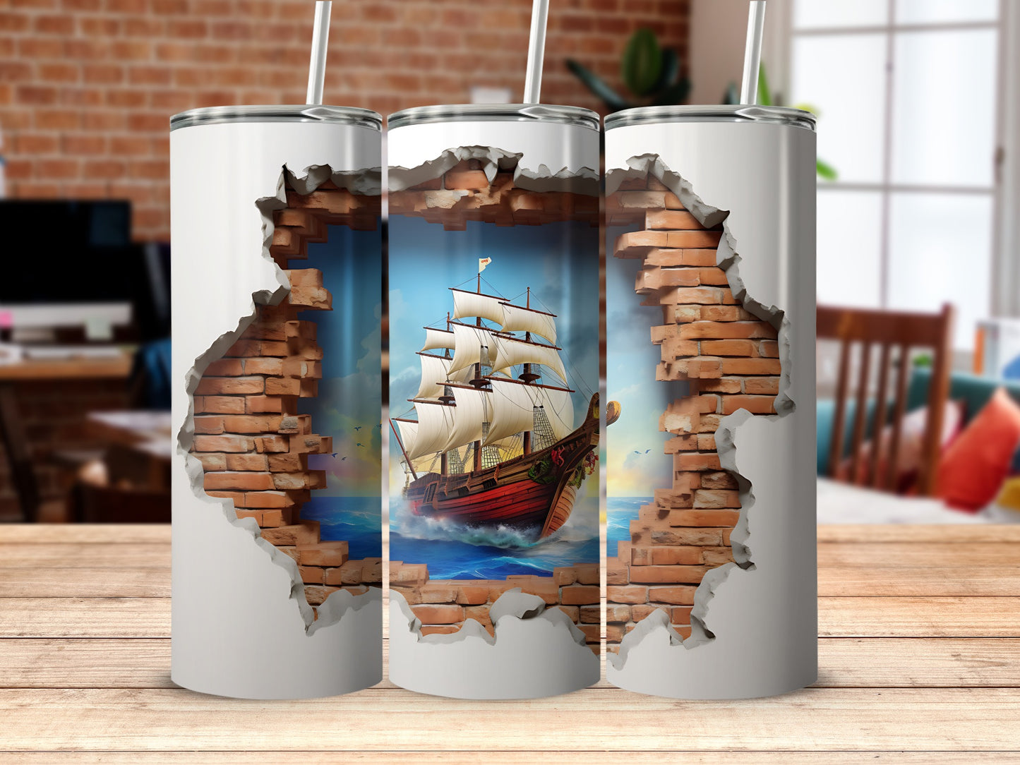 Stunning Ship Scene Breaking Through Brick Tumbler