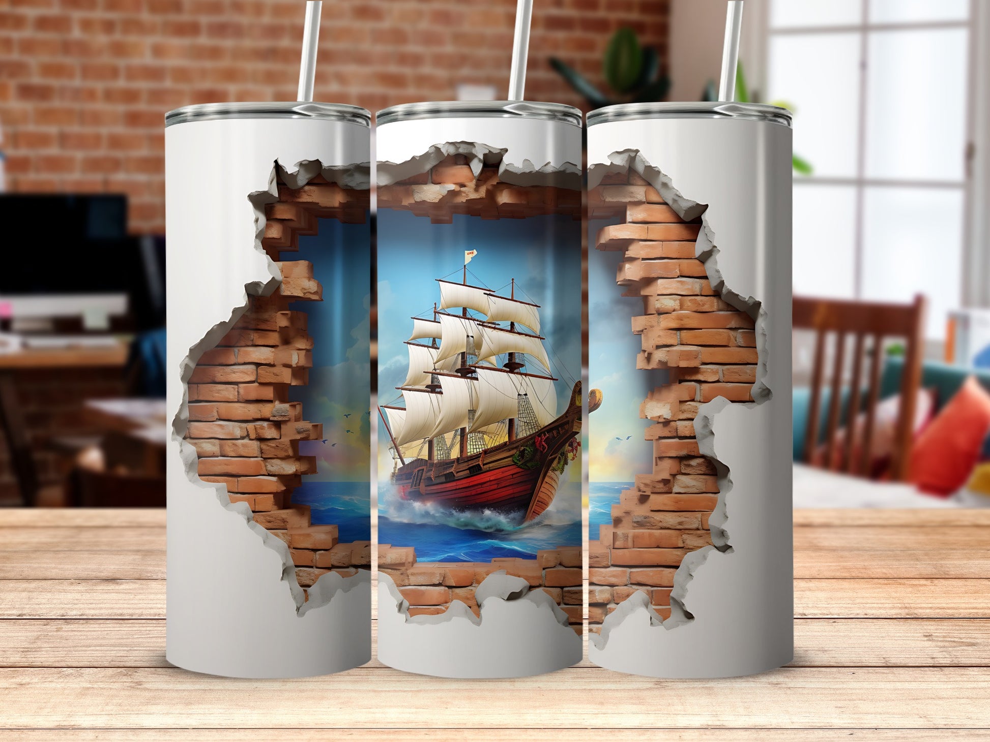 Stunning Ship Scene Breaking Through Brick Tumbler