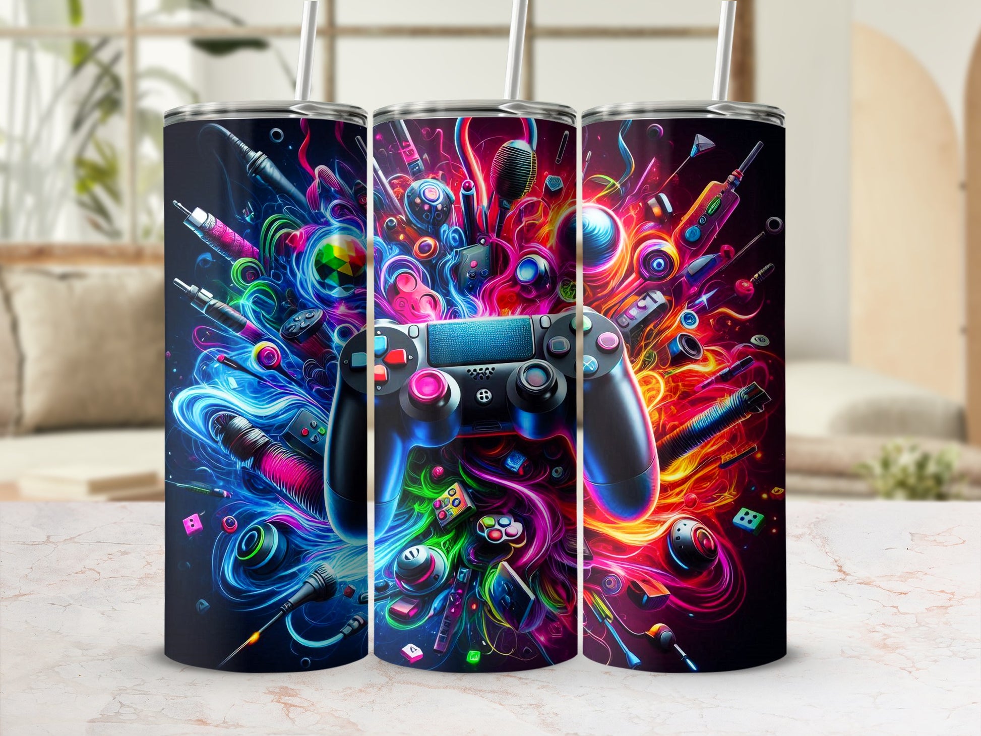 Black video game controller surrounded by colorful gaming icons and abstract shapes.