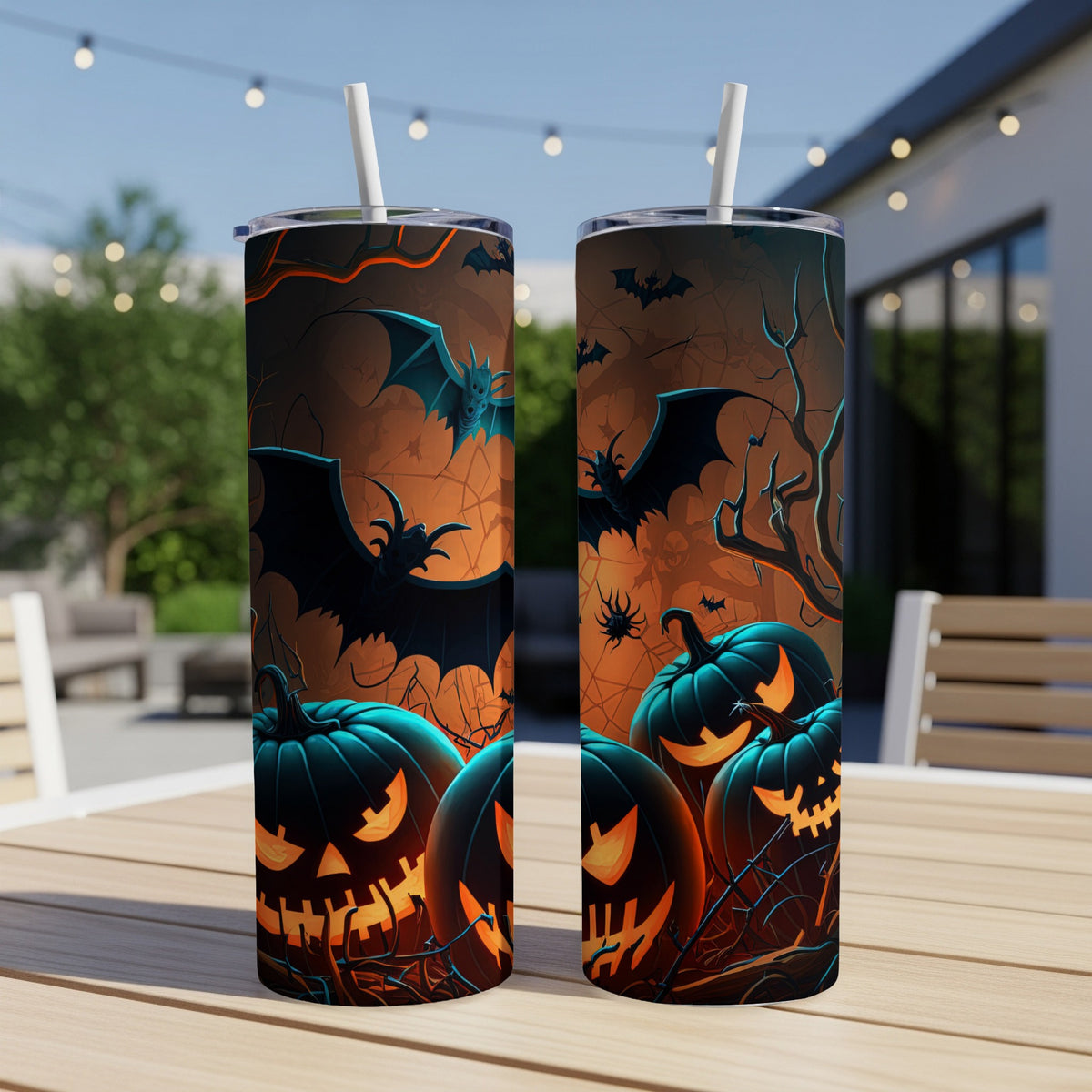 Two tumblers with a Halloween design of bats, spiders, and jack-o'-lanterns on orange background.