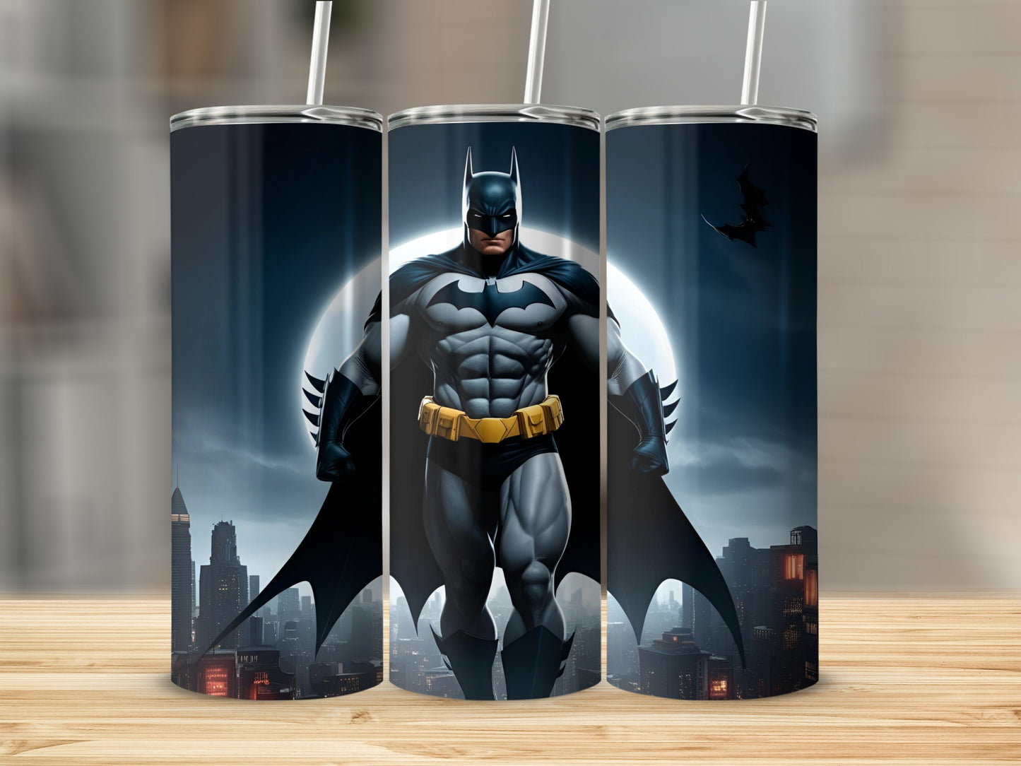 Batman in a heroic pose against a city skyline and full moon.