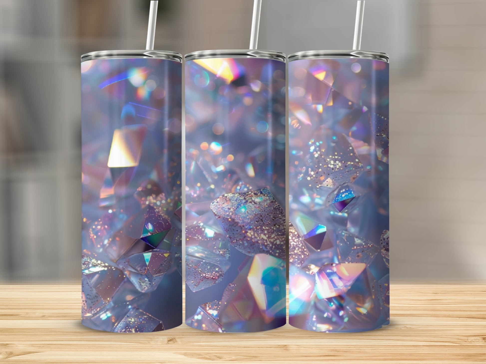 Three tumblers with a shimmering, iridescent, crystalline design.