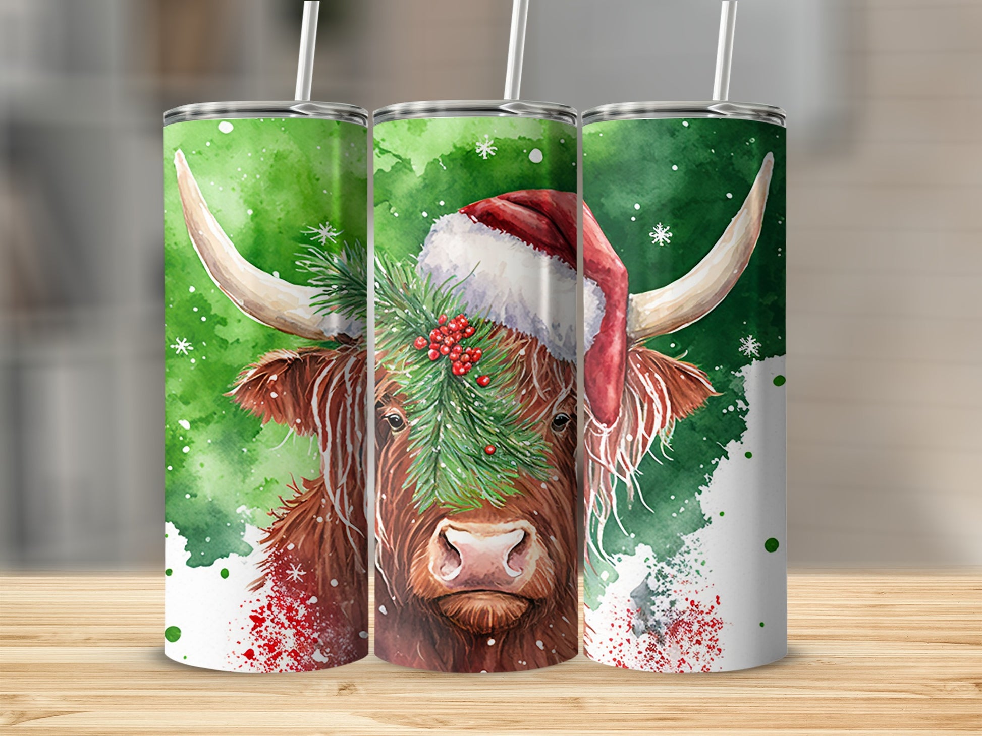 Watercolor highland cow wearing Santa hat with pine garland and snowflakes.