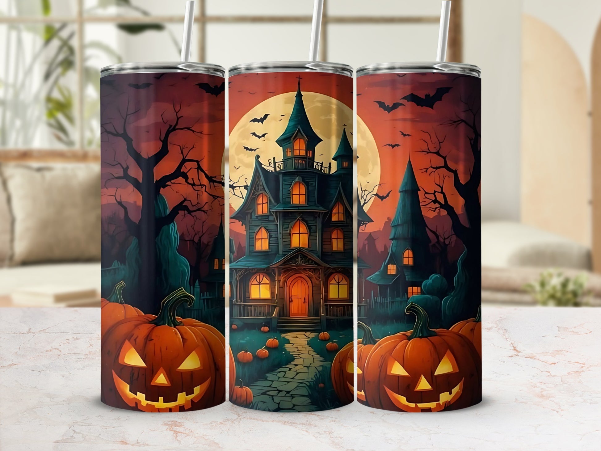 Haunted House Halloween Pumpkin Themed Tumbler