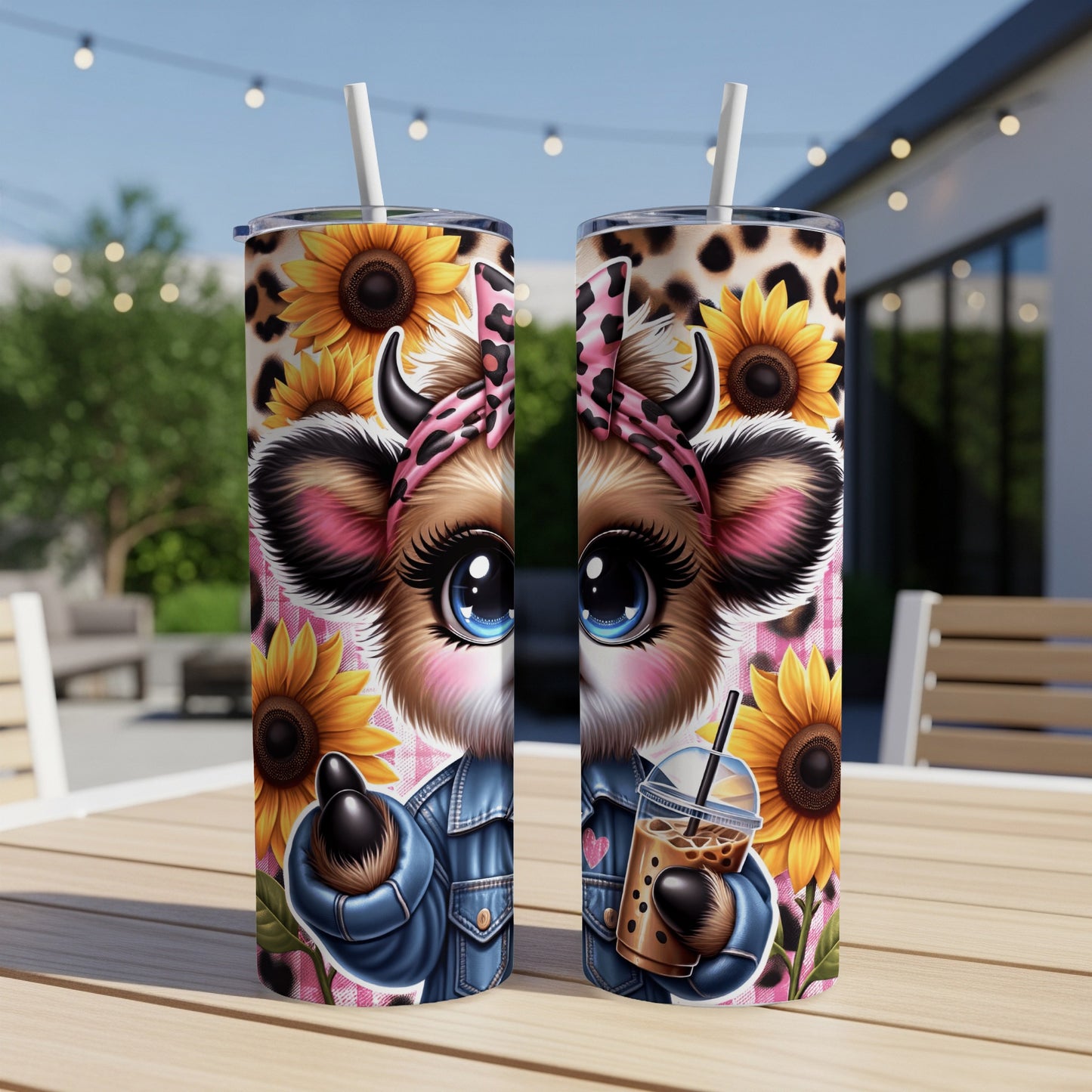Cute cartoon cow with sunflowers and a coffee drink on a tumbler.