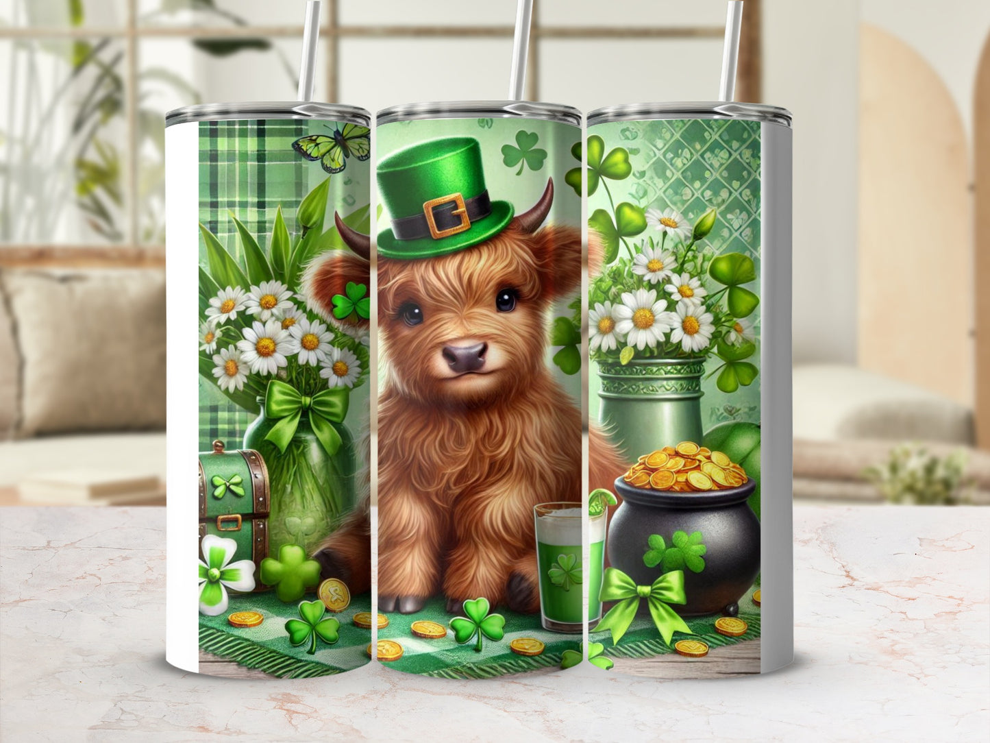 Highland cow with green hat and pot of gold on St. Patrick's Day tumbler.