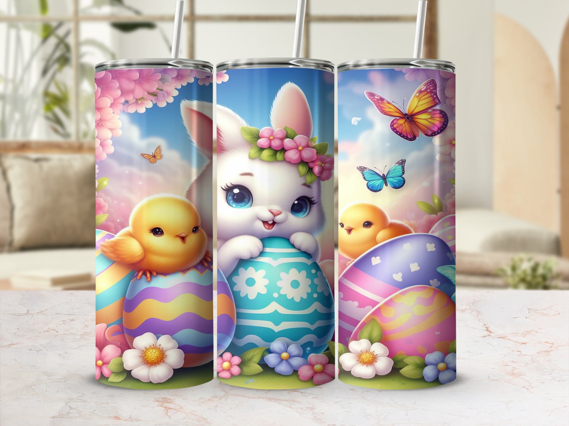 Easter bunny with chicks and painted eggs, surrounded by flowers and butterflies.