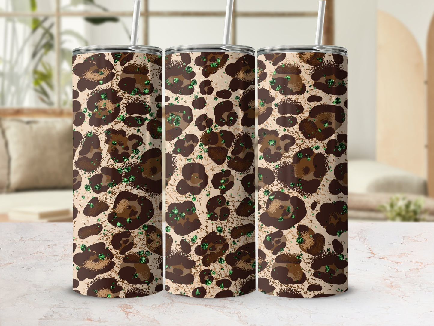 Leopard Print Design Travel Tumbler with Straw