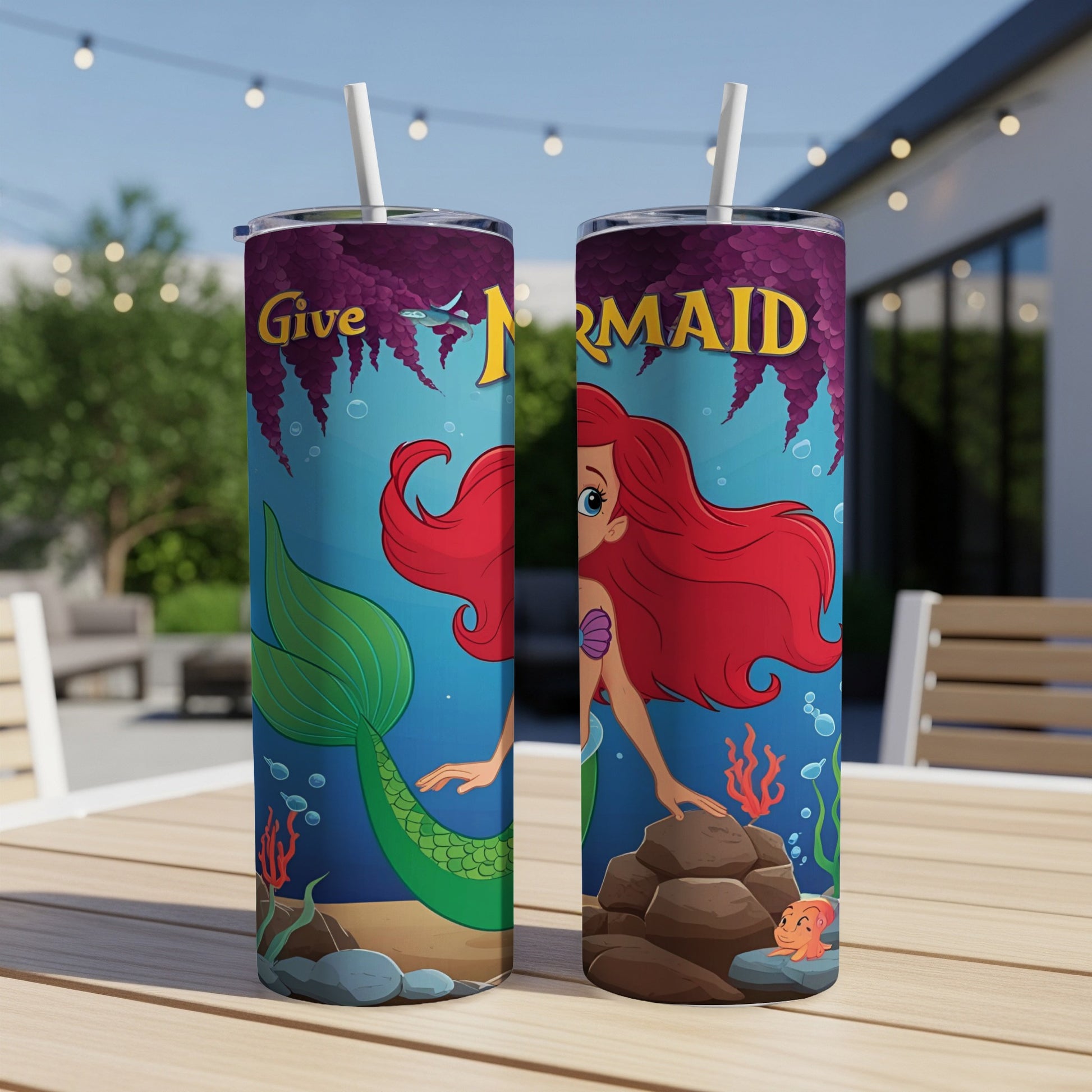 Ariel the mermaid on a tumbler, with "Give Mermaid" text.