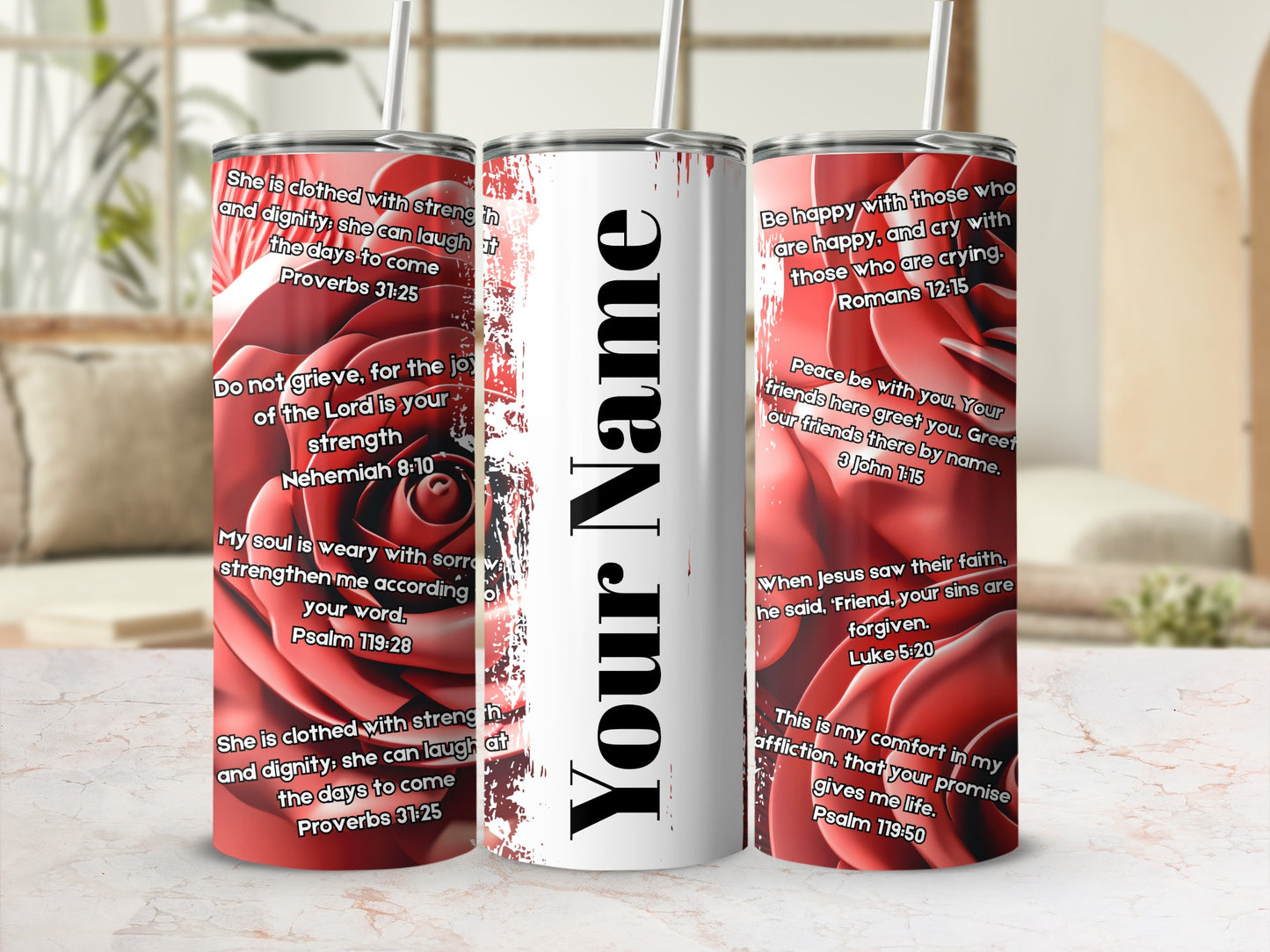 Customizable Bible Verses Tumbler with Rose Design