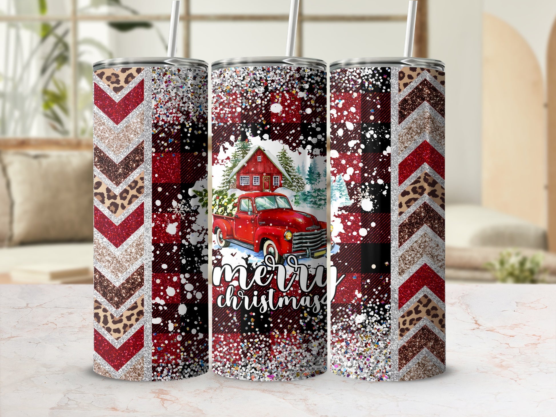 Red truck with "Merry Christmas" text, buffalo plaid, leopard print, and glitter design.