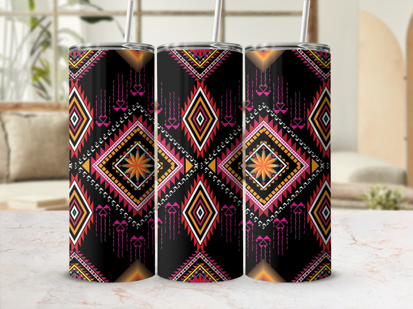 Vibrant Geometric Pattern Tumbler with Straw Drinkware