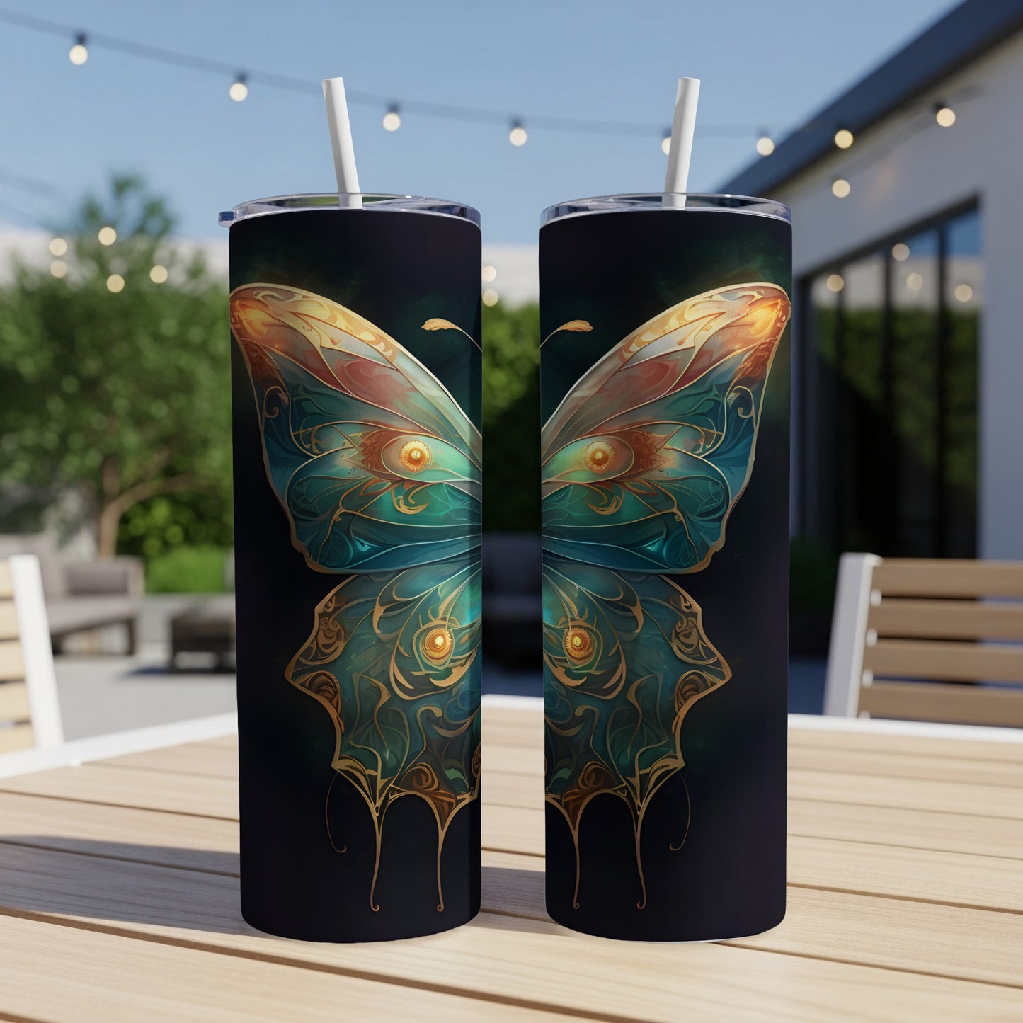 Two tumblers featuring a detailed, iridescent butterfly wing design.