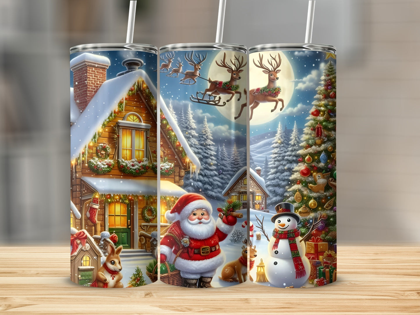 Festive Christmas Scene with Santa and Snowman Tumbler