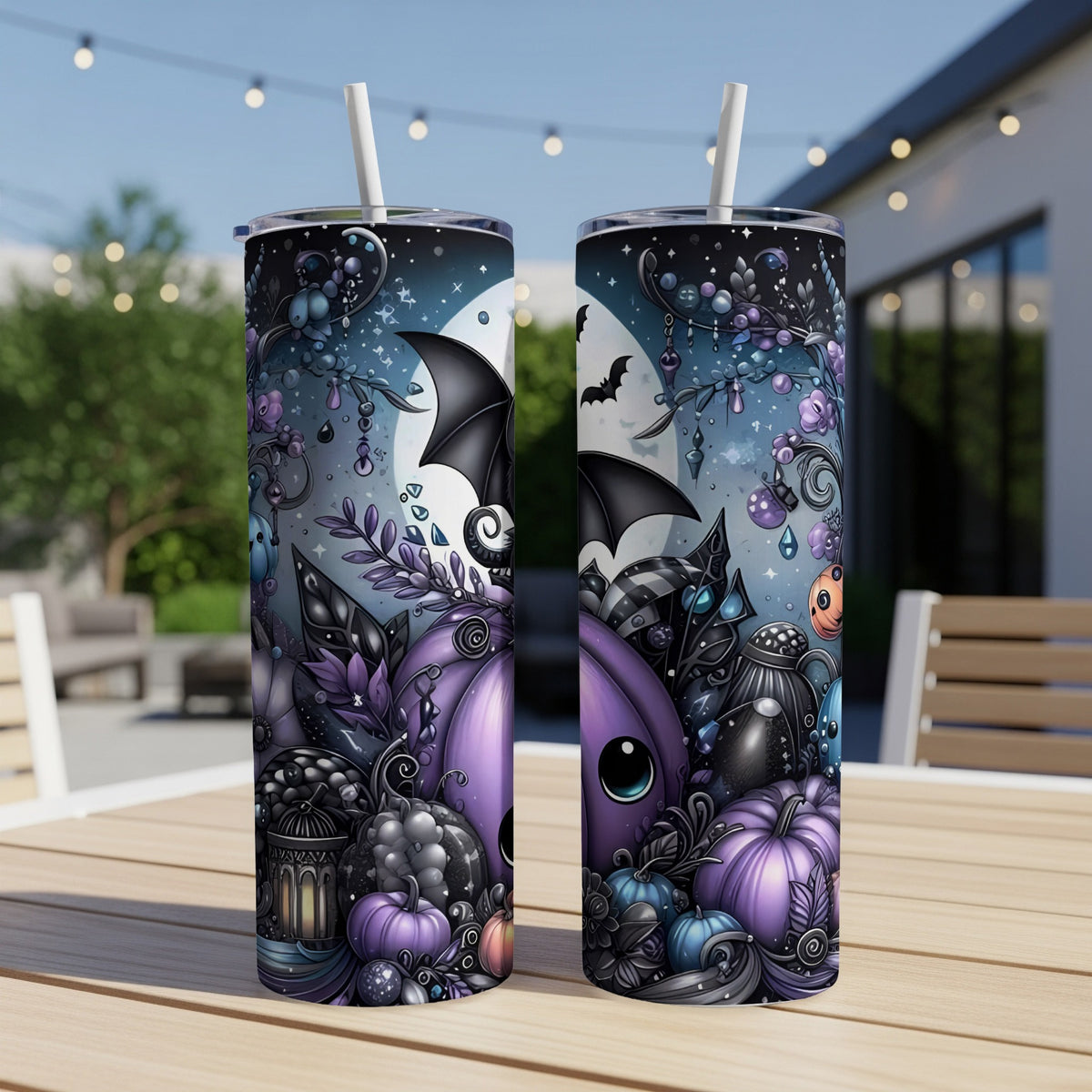 Two purple tumblers with a whimsical Halloween-themed design featuring pumpkins and bats.