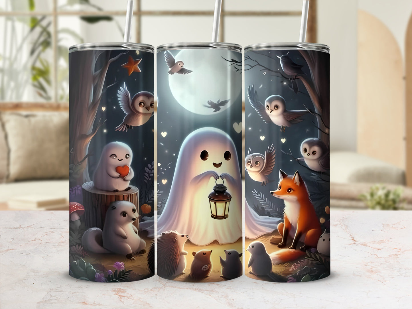 Cute Cartoon Animals Ghost and Lantern Design Tumbler