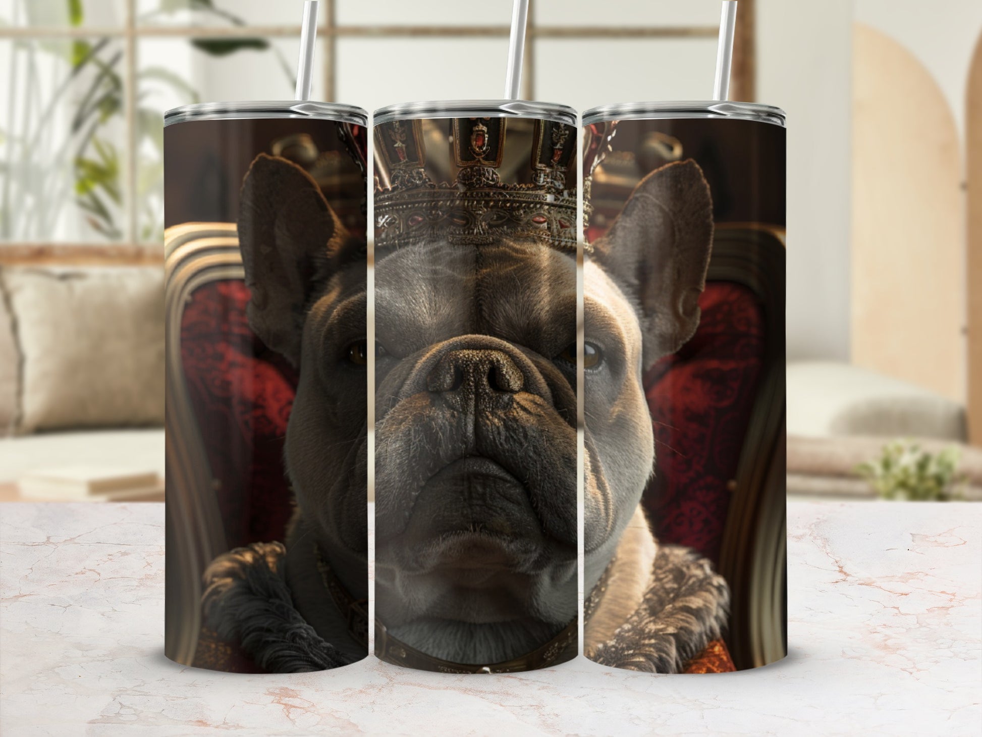 French bulldog wearing a crown and regal fur collar on a tumbler.