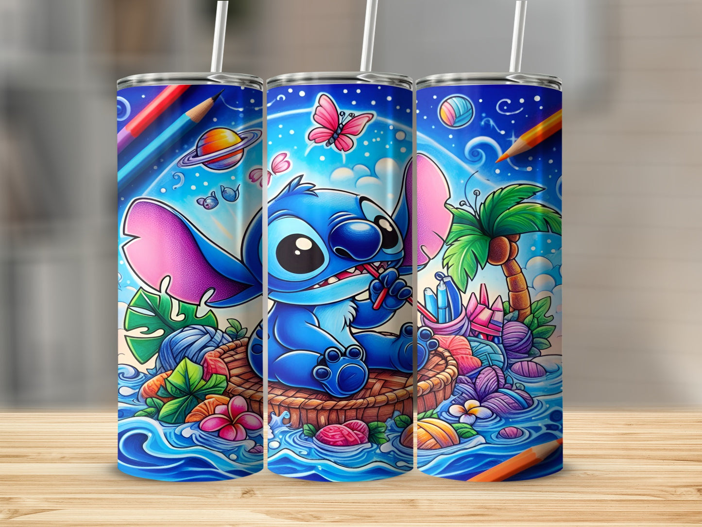 Blue Stitch character on a raft surrounded by colorful ocean elements.