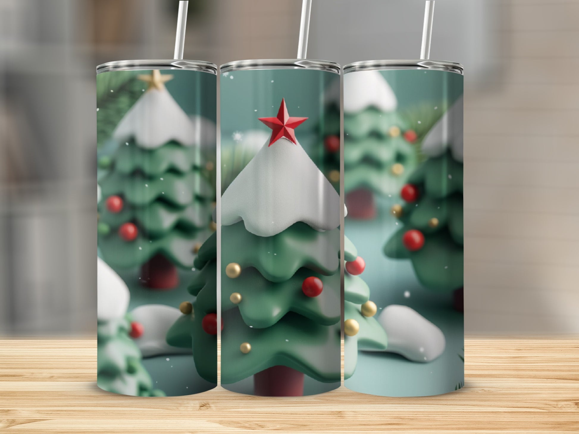 Three 3D cartoon Christmas trees with snow, ornaments, and stars.