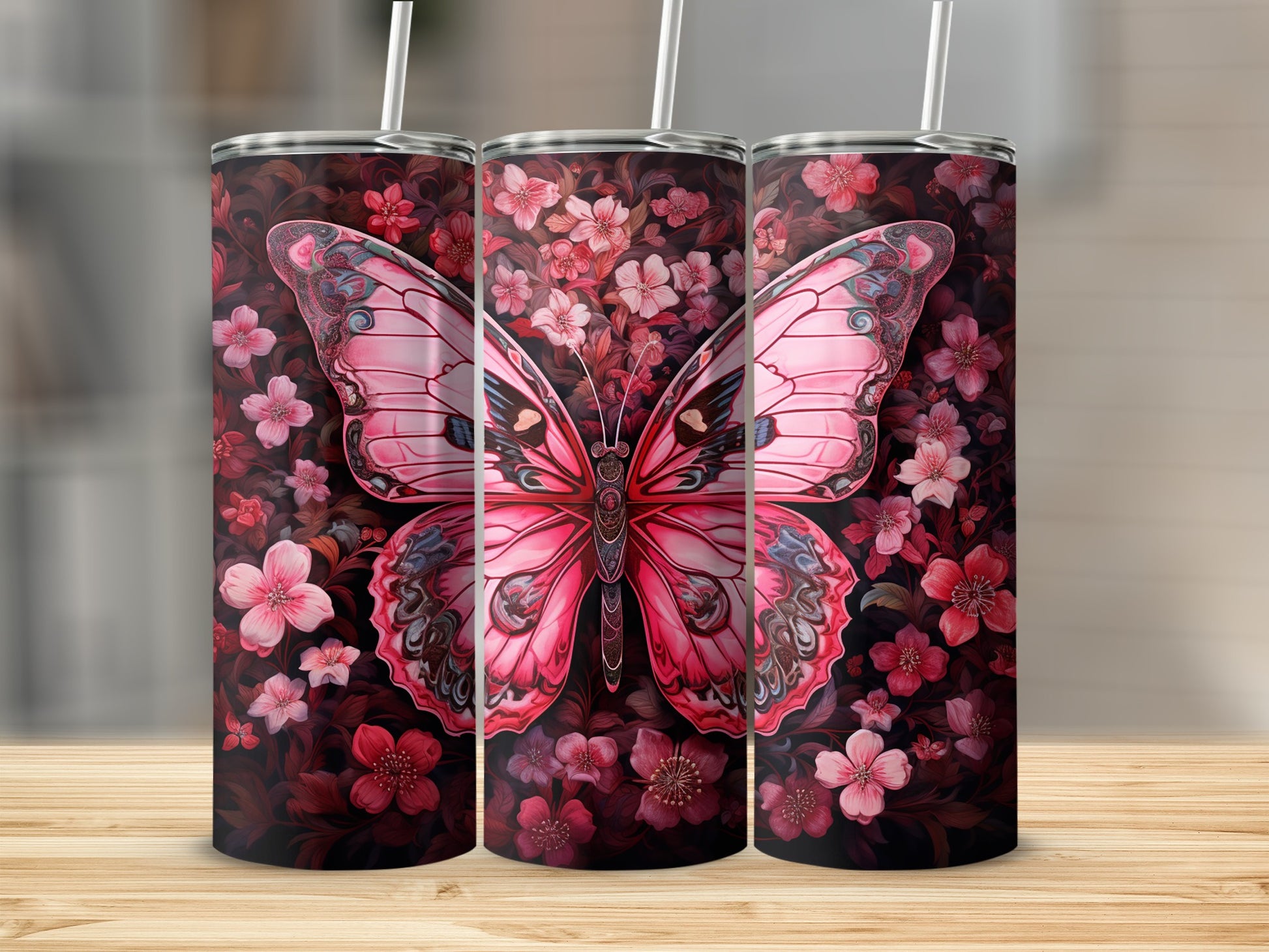 Pink Butterfly and Floral Design Tumbler Product