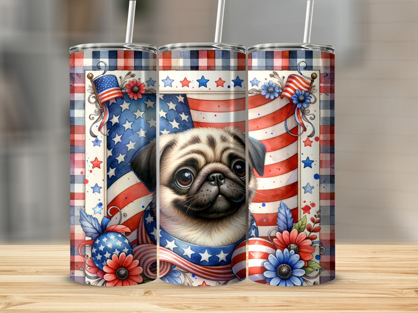 Pug wearing patriotic bandana against US flag and plaid background.