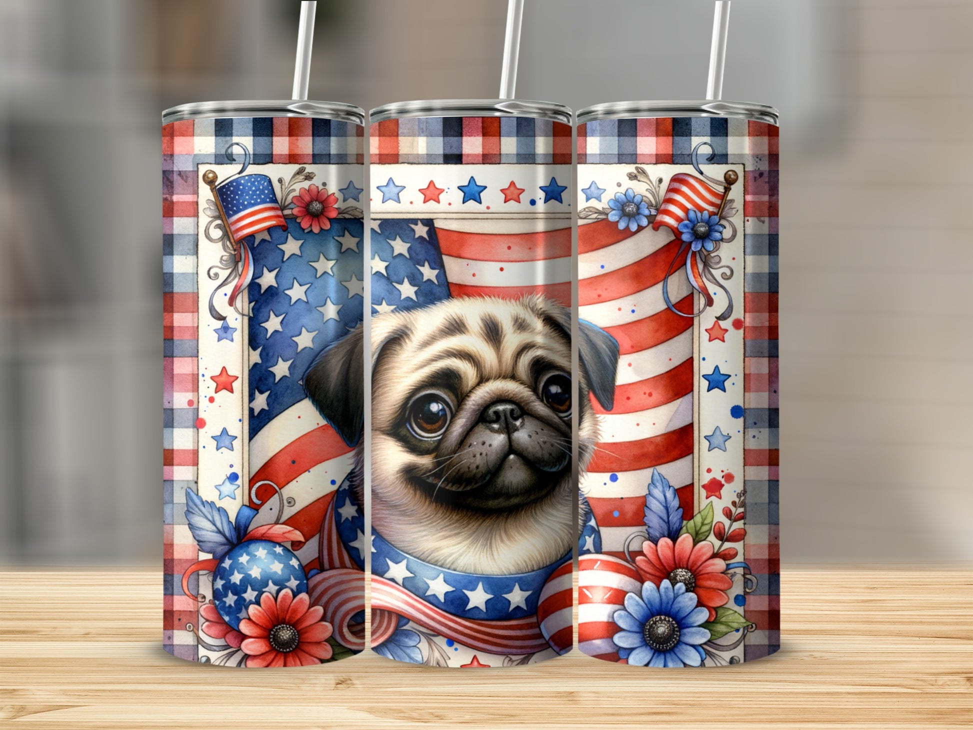 Pug wearing patriotic bandana against US flag and plaid background.