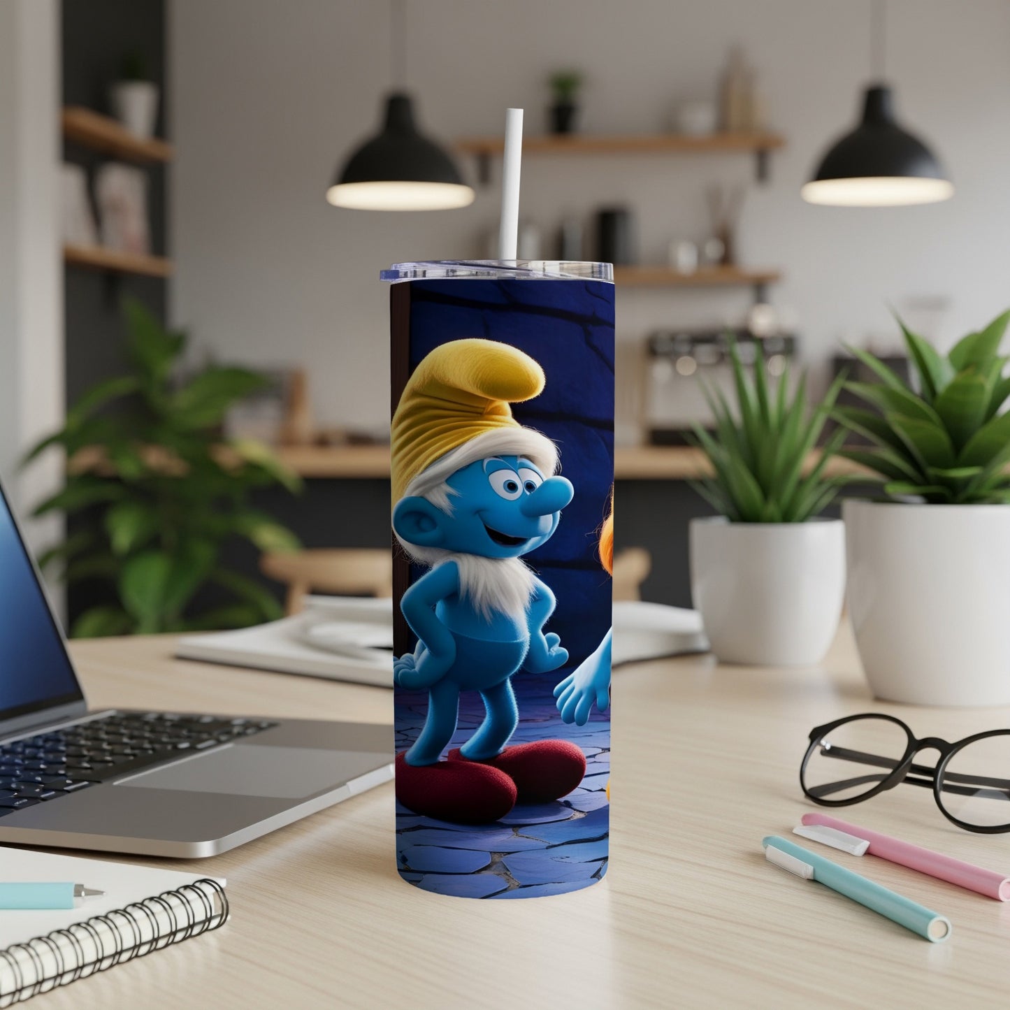 Smurf character with yellow hat and blue outfit on a tumbler.