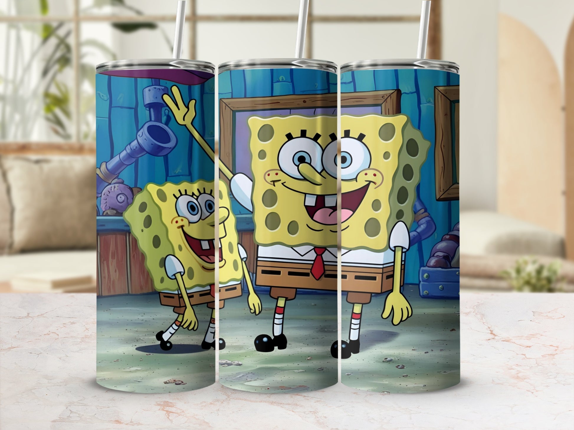 SpongeBob SquarePants characters on a blue background with cartoon underwater details.