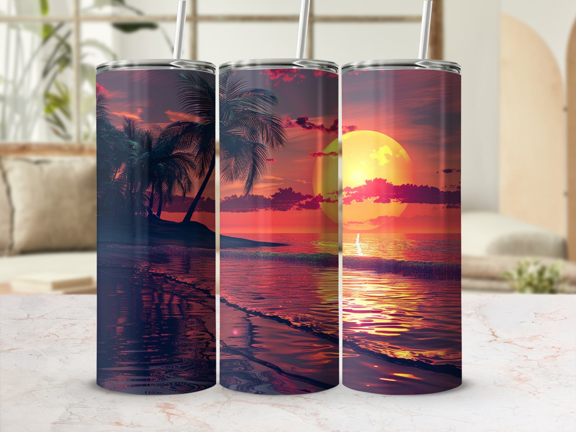 Three tumblers featuring a vibrant sunset over a tropical beach scene.