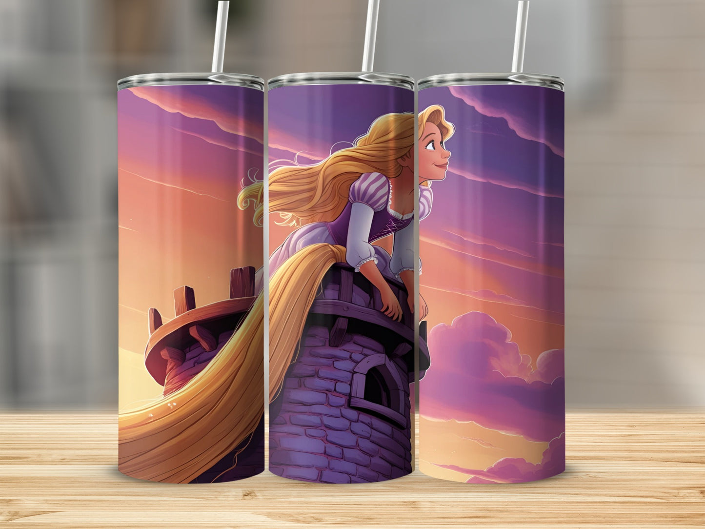 Rapunzel looks out from a castle tower with her long blonde hair flowing.