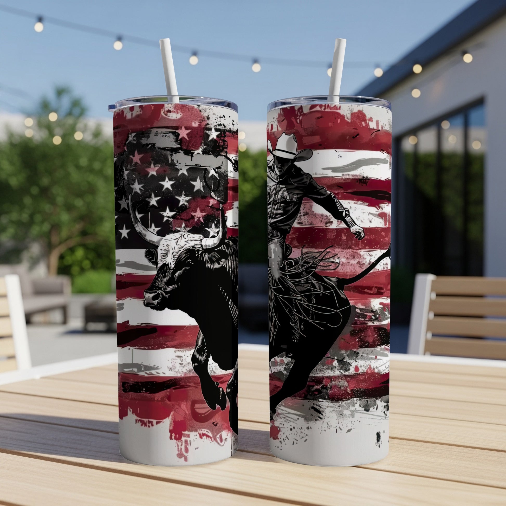 American flag background with a bull rider and a charging bull.