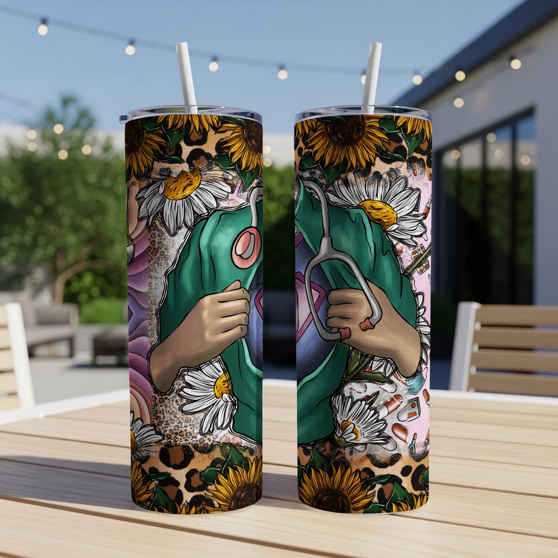 Two tumblers featuring a collage of medical tools, sunflowers, and leopard print.
