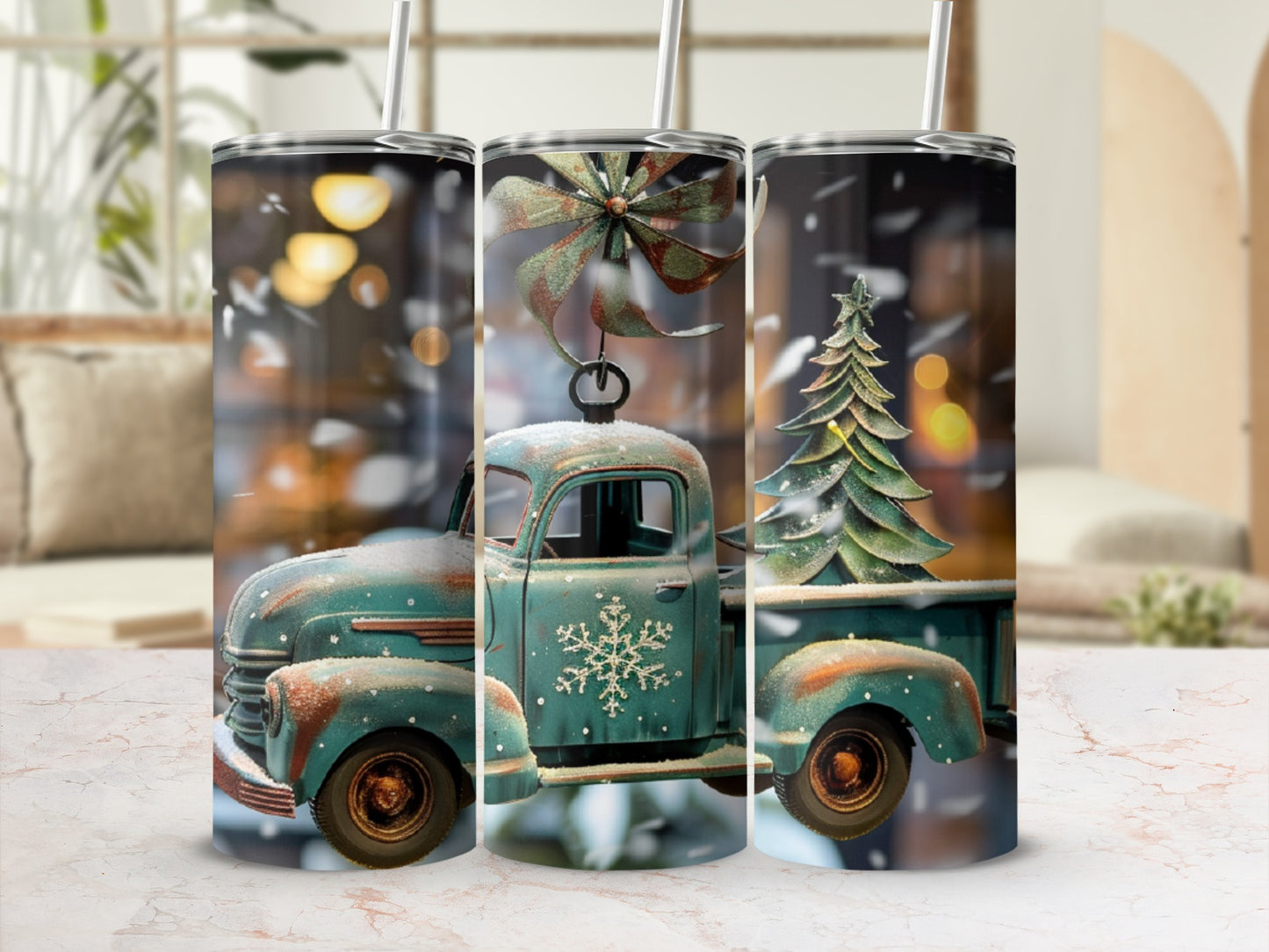 Retro teal truck with Christmas tree and ribbon, falling snow.