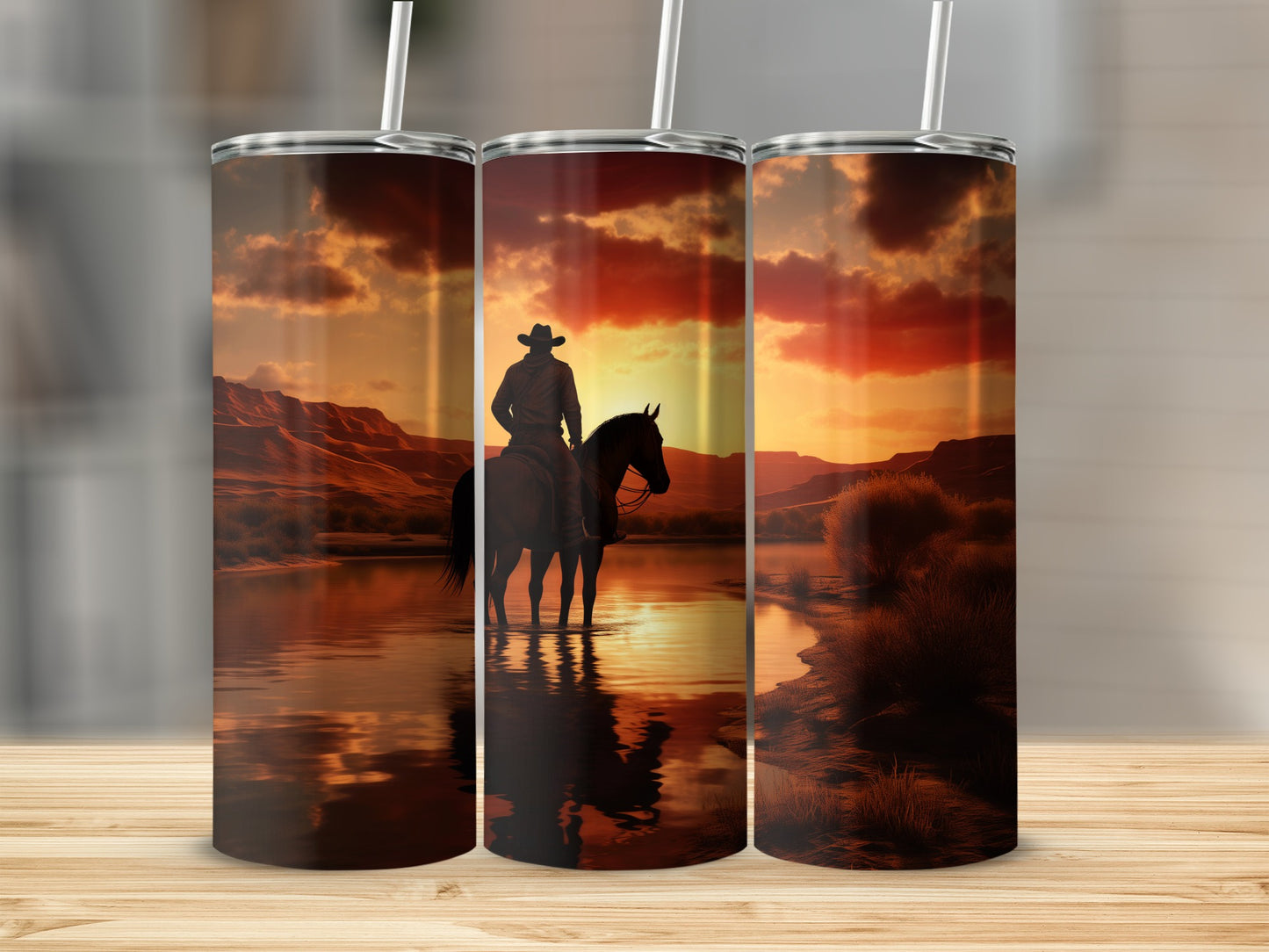 Cowboy on horseback in water with sunset desert landscape.