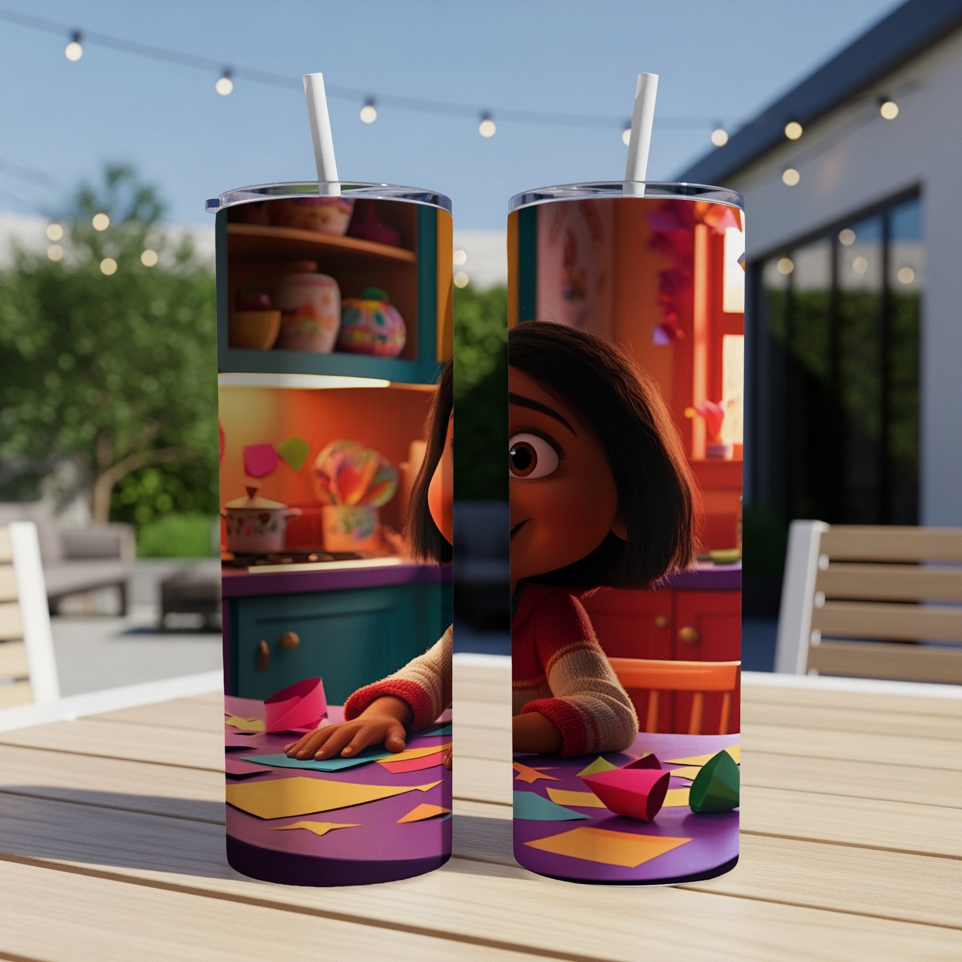 Tumbler with cartoon girl crafting at a table.