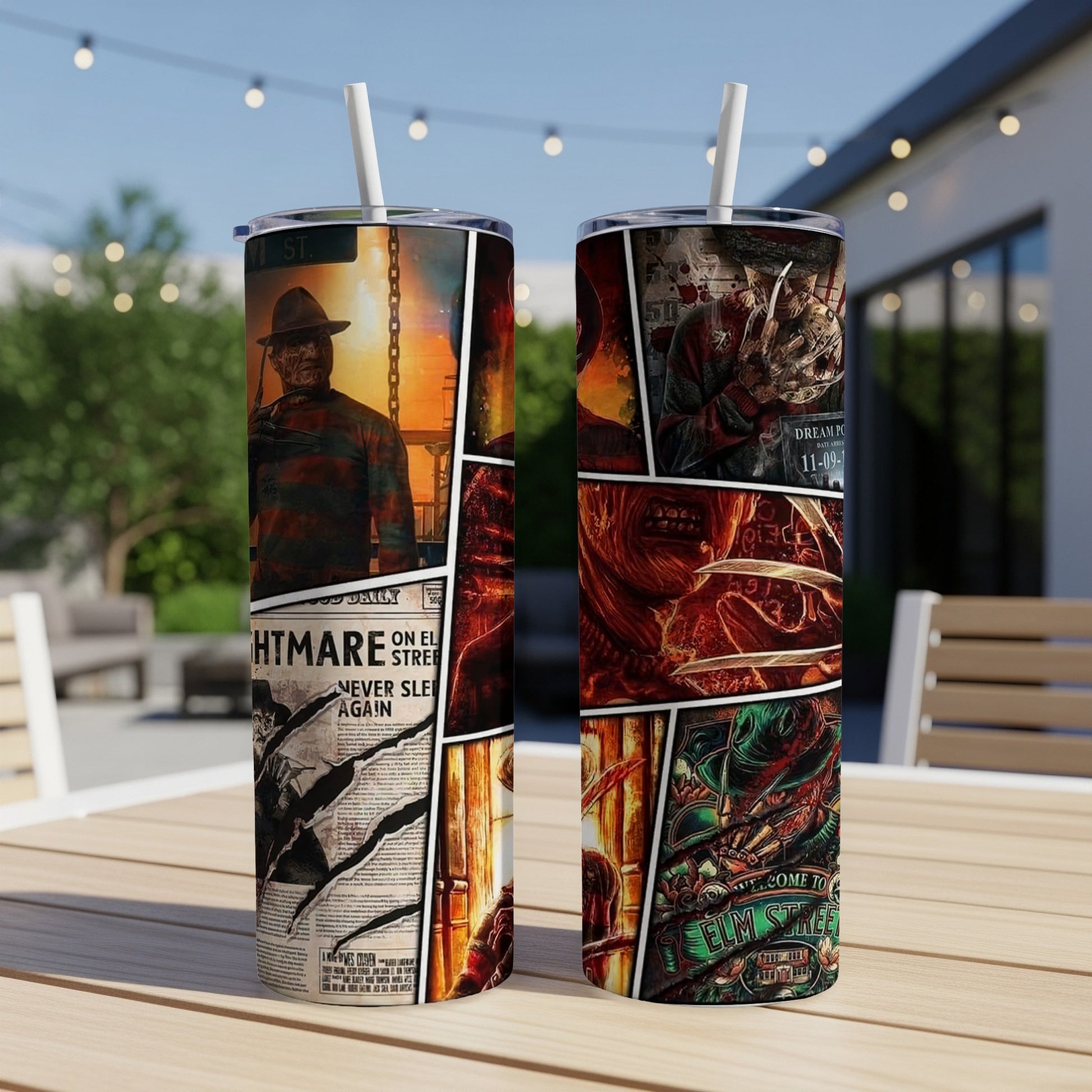 Two tumblers featuring comic panels of Freddy Krueger and "Nightmare on Elm Street" text.