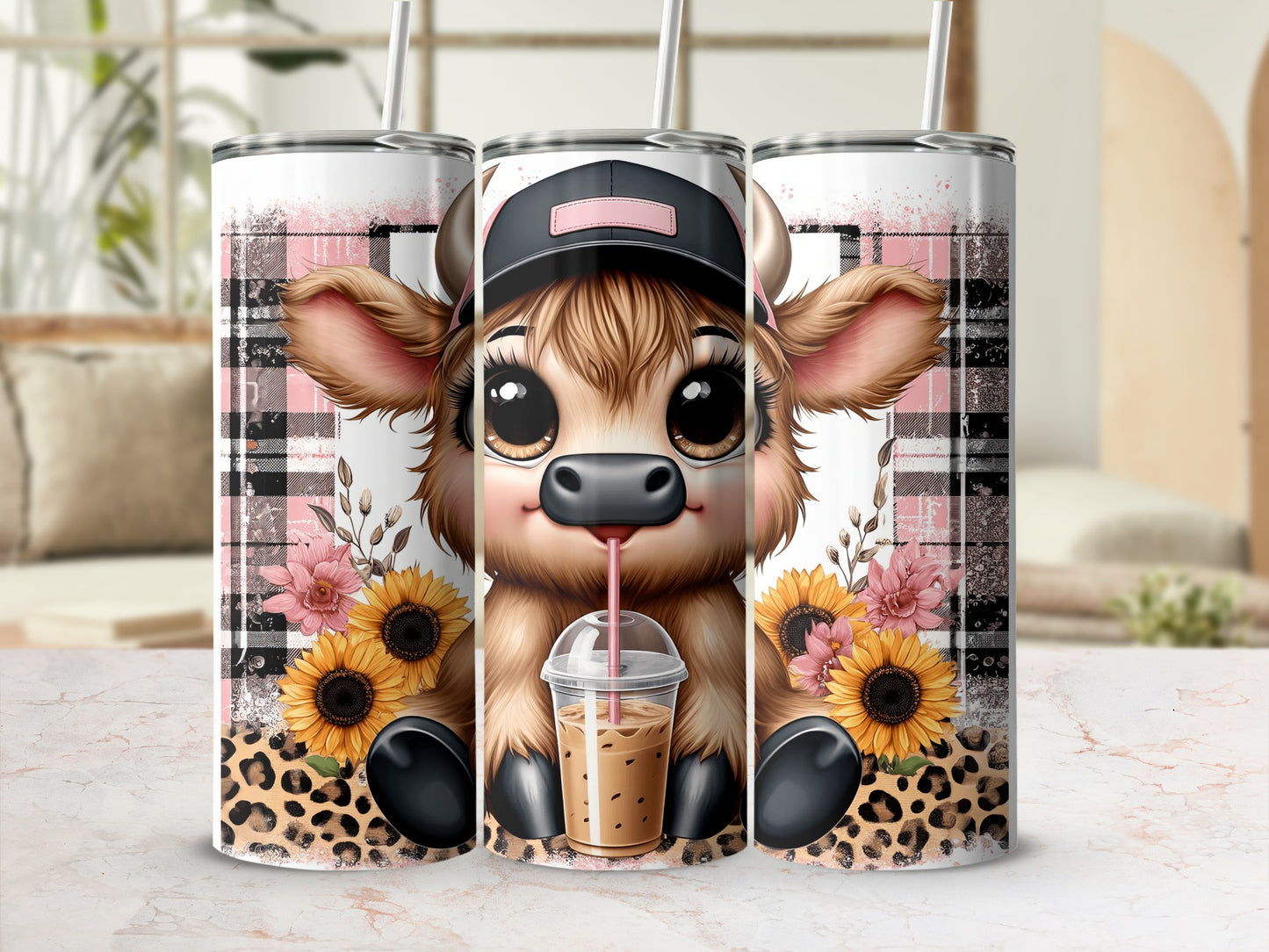 Cow with sunflowers and leopard print on a tumbler.
