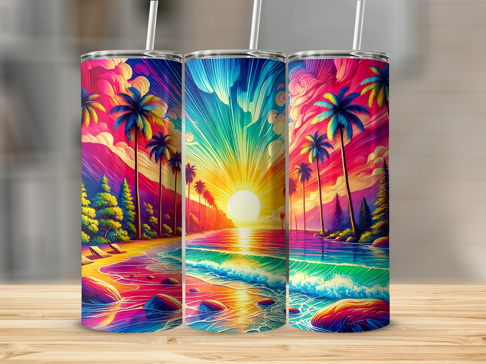 Three tumblers featuring a vibrant sunset beach scene with palm trees.