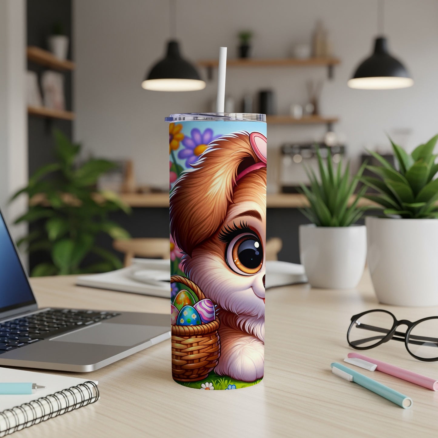 Cute cartoon puppy in Easter basket on a colorful tumbler.