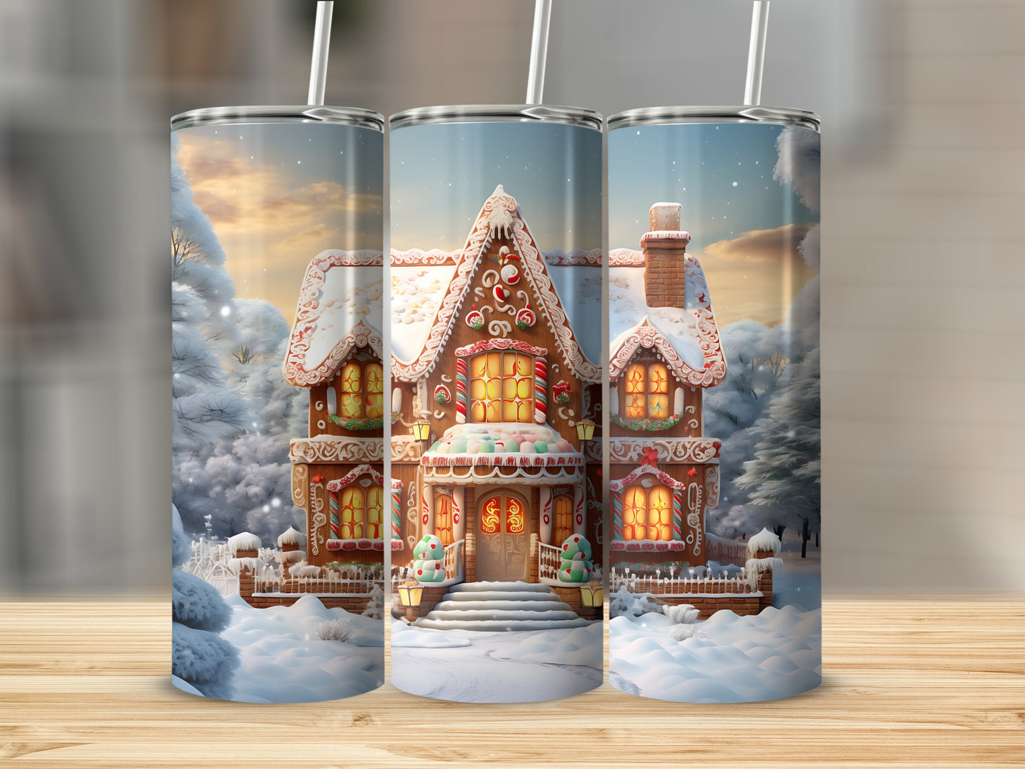 Gingerbread house tumbler with snow-covered trees and sky.