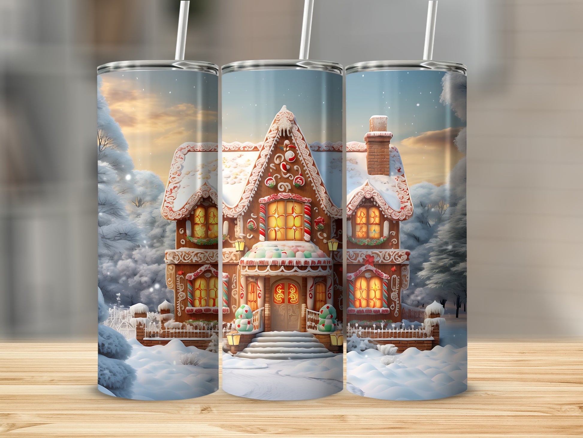 Gingerbread house tumbler with snow-covered trees and sky.