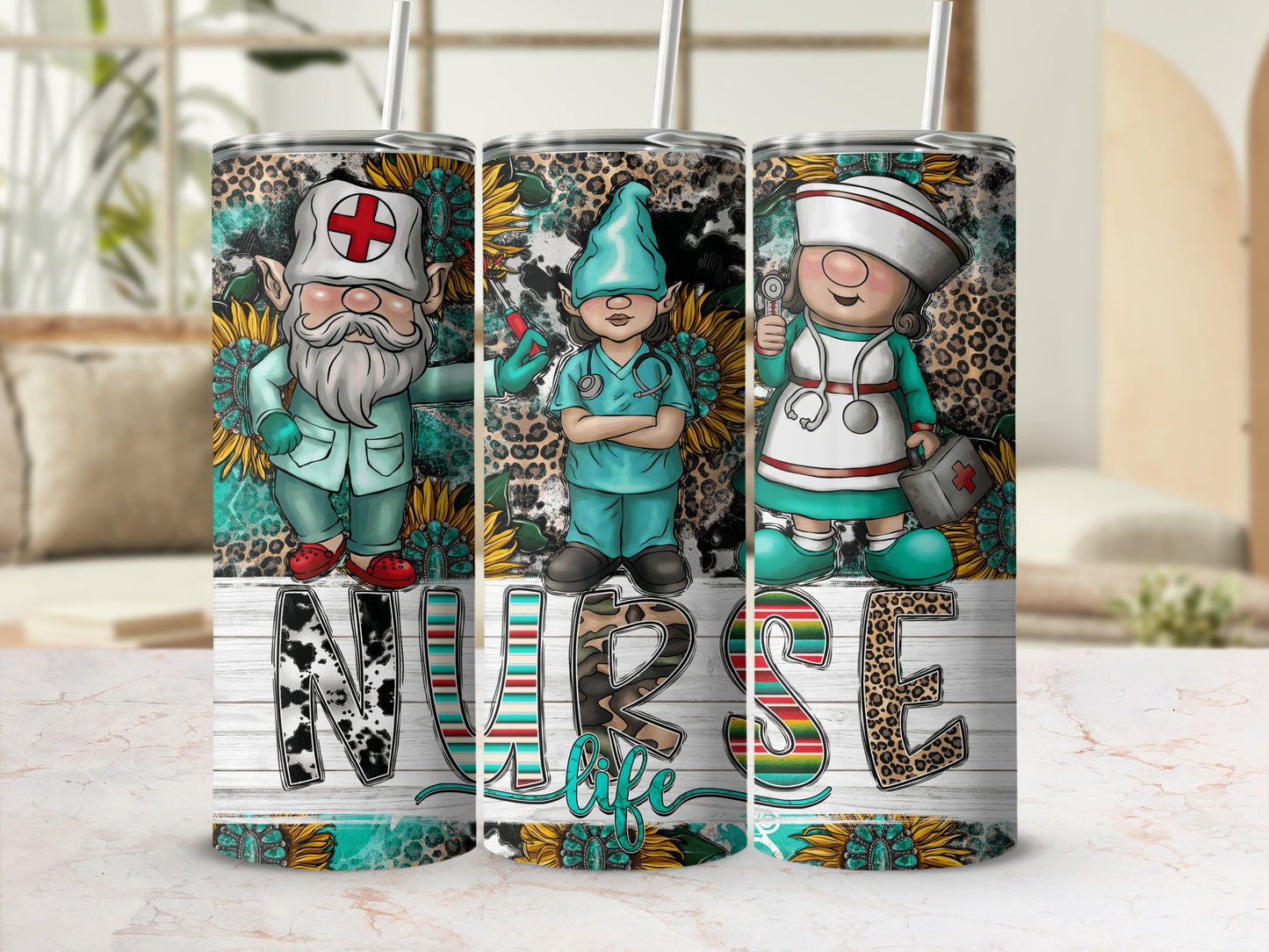 Three nurse gnomes on tumblers with "NURSE LIFE" text and floral background.