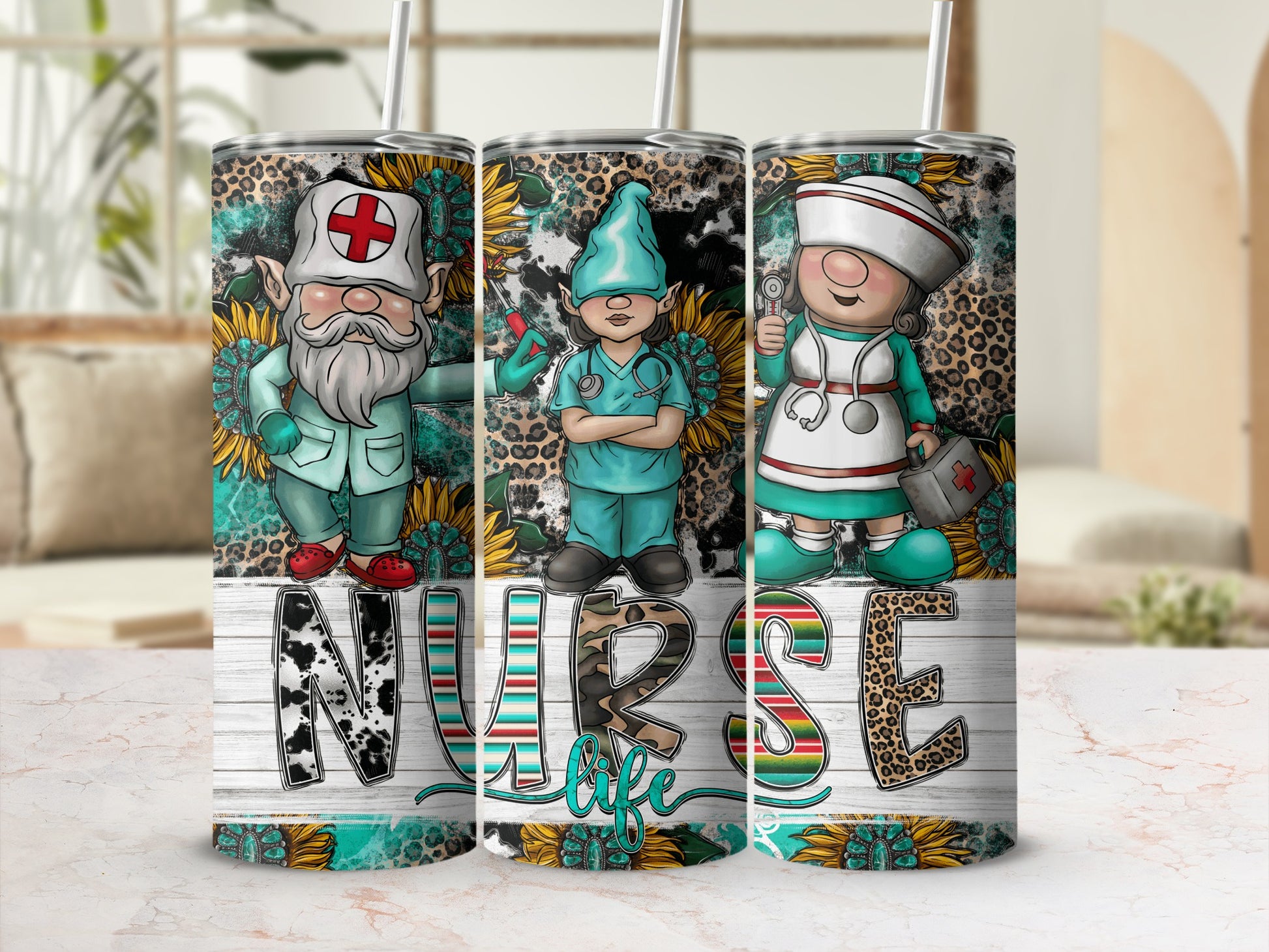 Three nurse gnomes on tumblers with "NURSE LIFE" text and floral background.