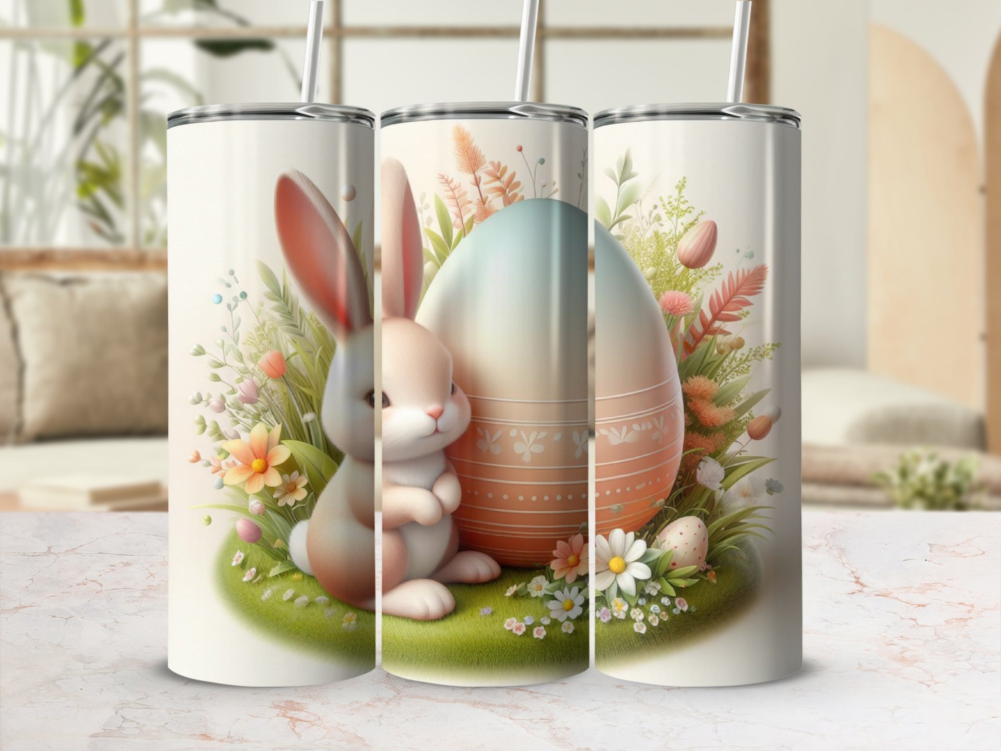 Easter bunny and decorated egg on a floral background.