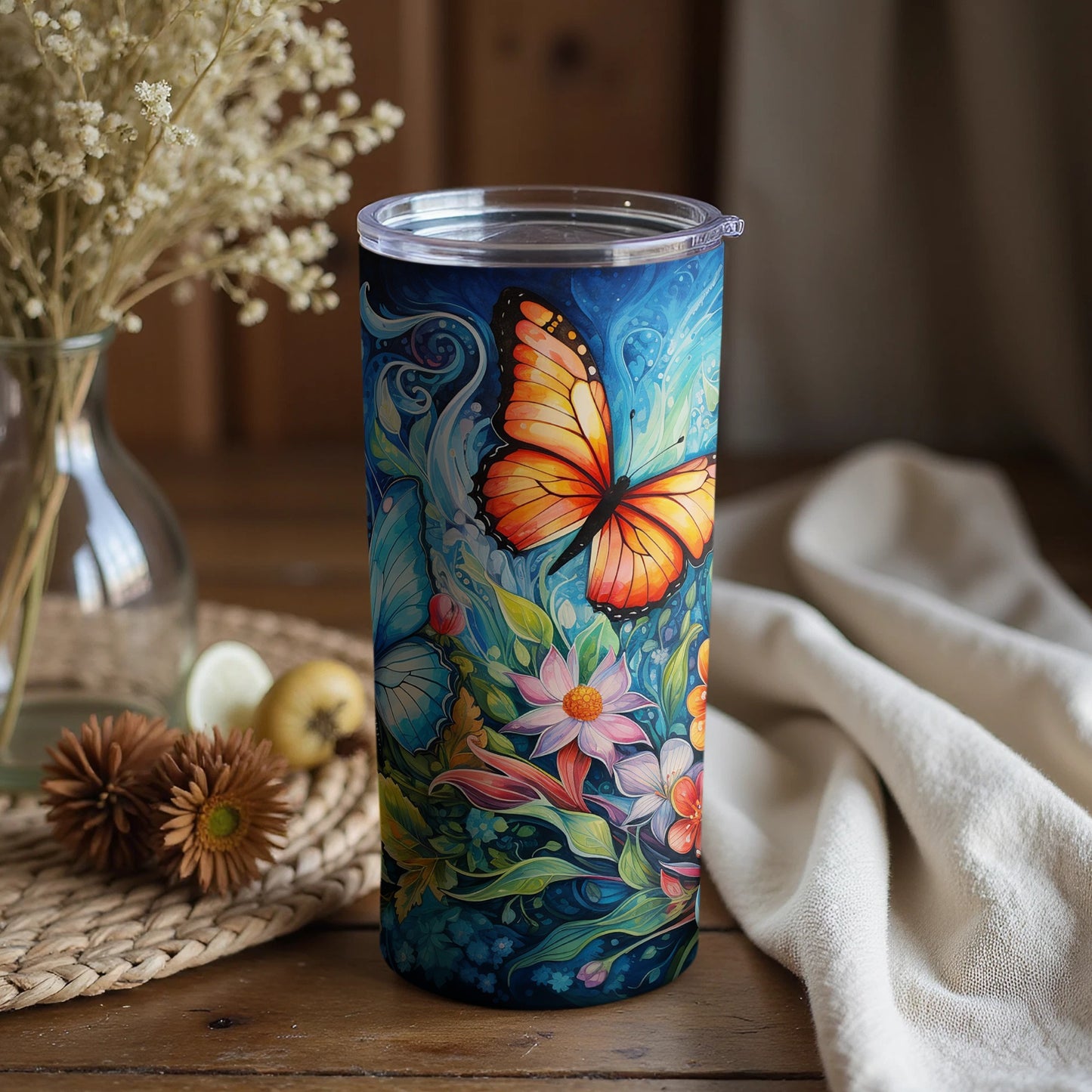 Colorful Butterfly and Floral Design Tumbler