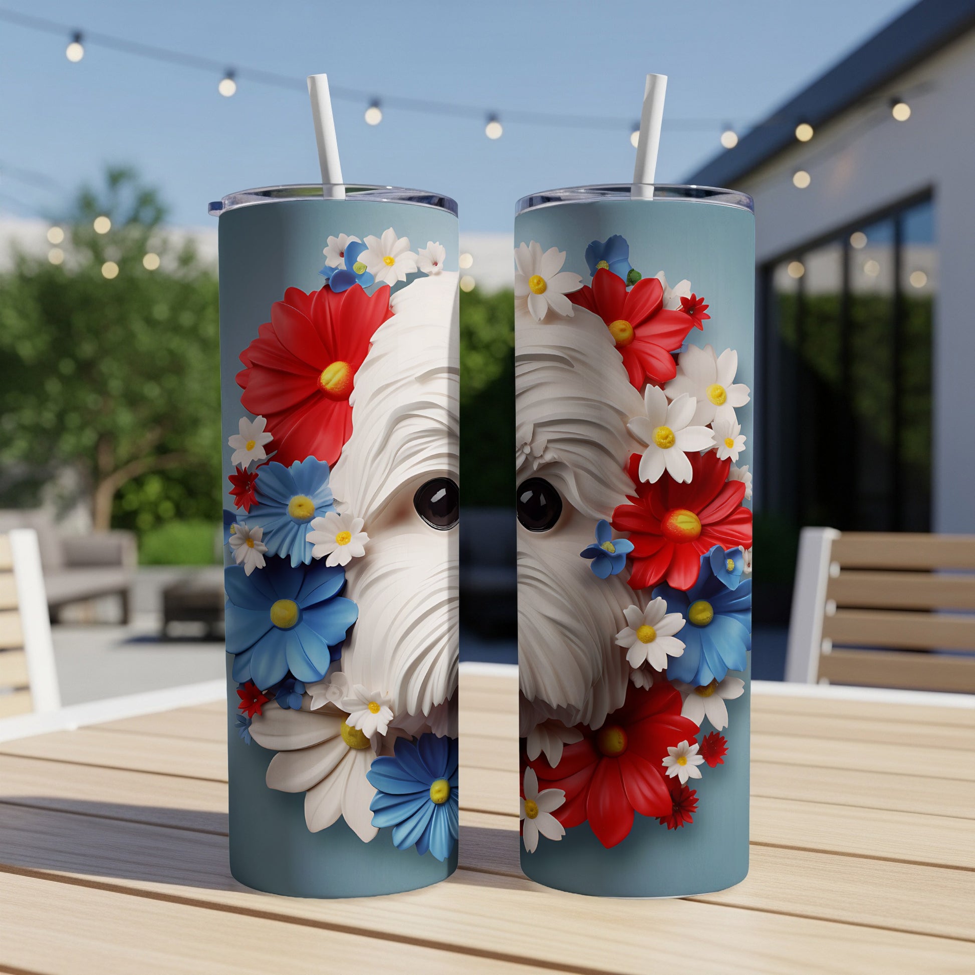 White dog with patriotic floral wreath on two tumblers.