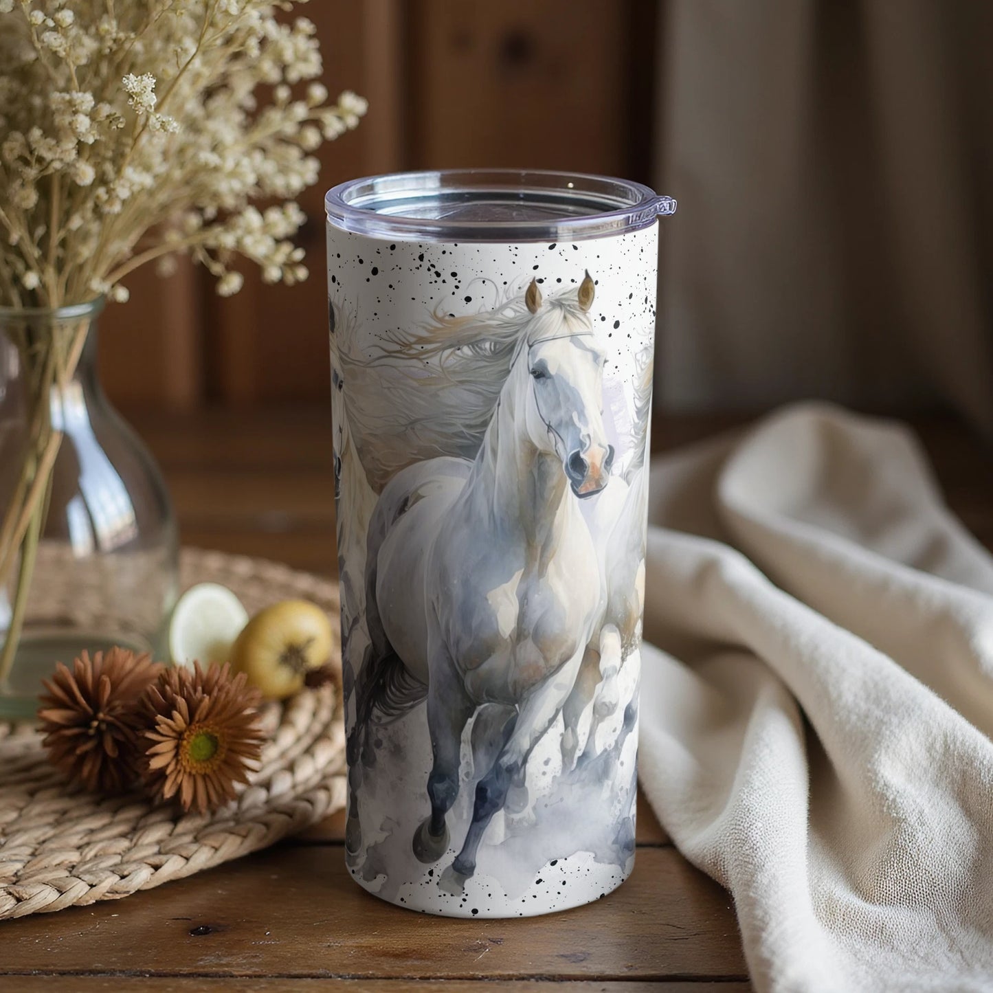 Majestic Running White Horses Themed Tumbler