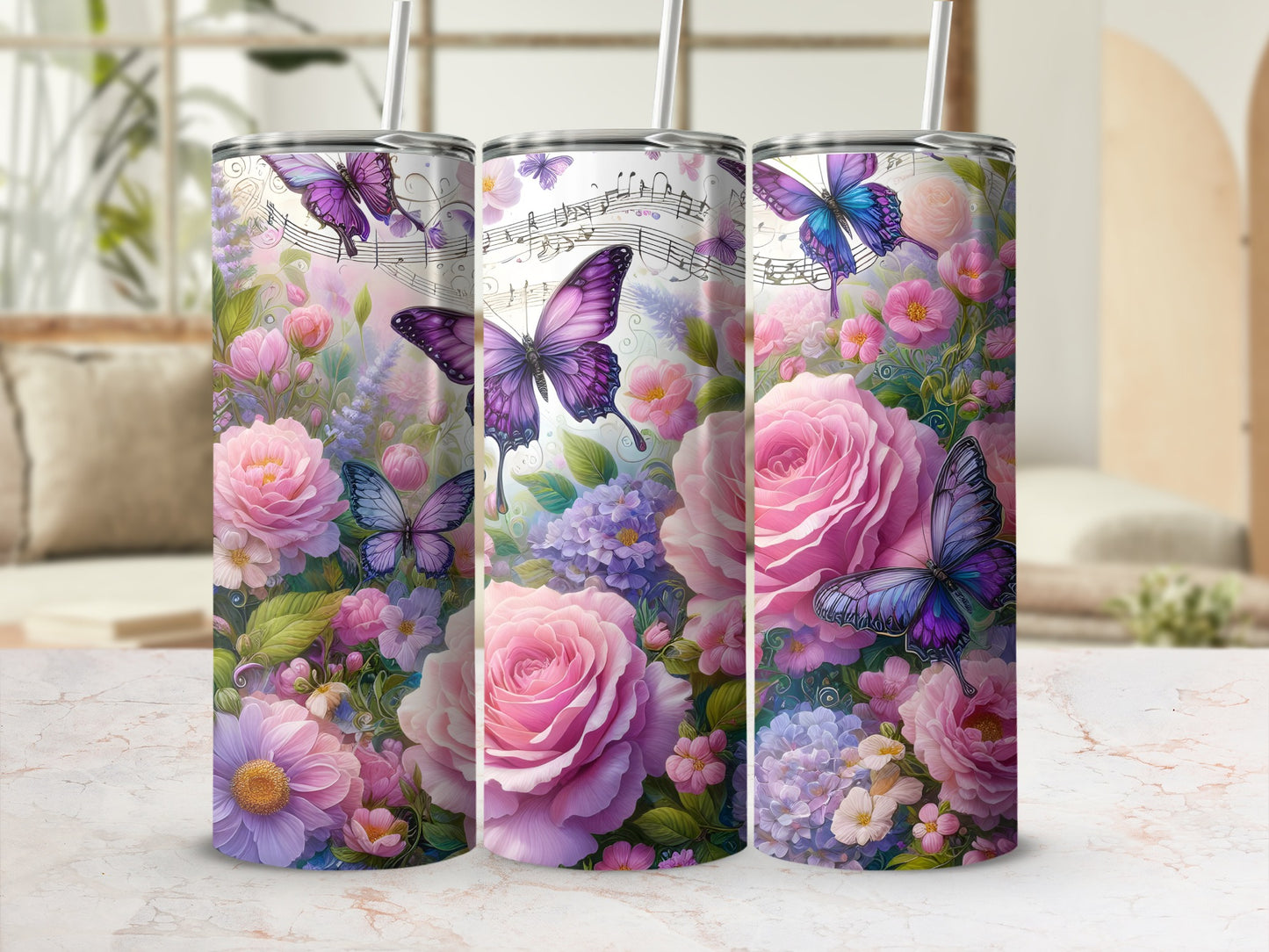 Floral Butterfly Musical Notes Tumbler Cup